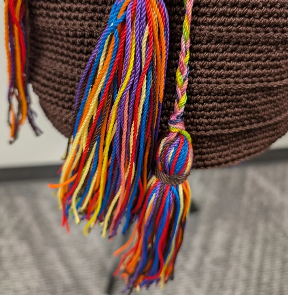 Mochilas Wayuu Handwoven Crossbody Bucket Bag Brown Multicolor Strap Tassel Boho